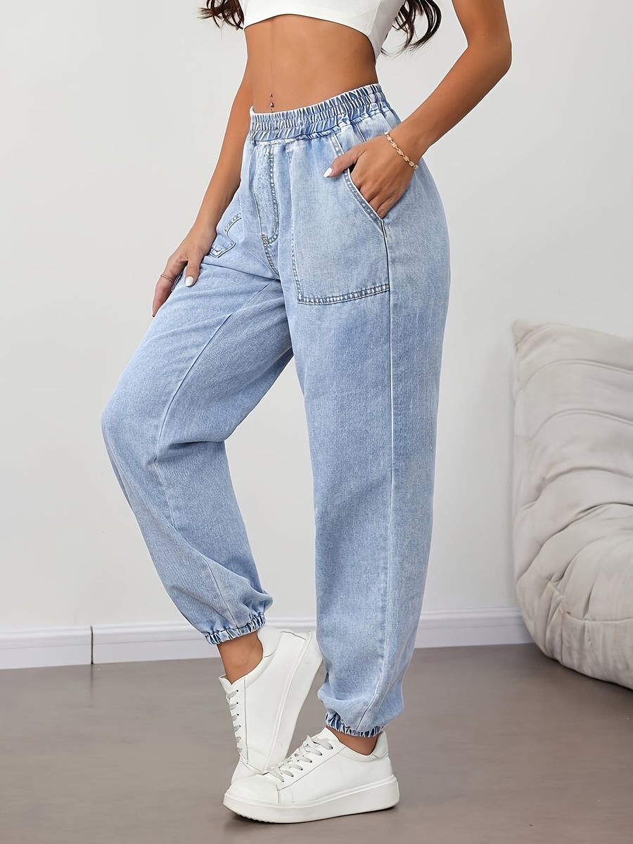 2026 Spring/Summer New Soft Denim Jogger Pants, Fashionable Women's Hot Outfit, Light Blue High-Waisted Elastic Waistband Cargo Harem Pants, Loose Fit Casual Women's Jeans, Large Pocket Waistband with Built-in Elastic Band Denim Long Pants - Light Blue