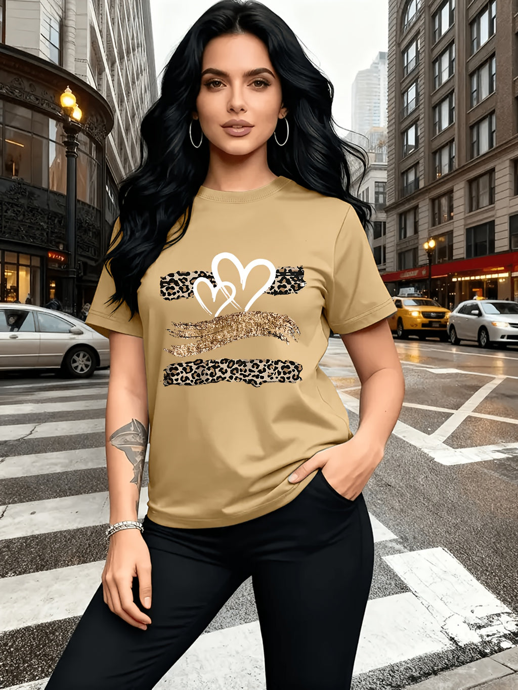 Leopard Print Heart Glitter-themed Pattern Print, Fashionable Breathable T-shirt, for Family Travel,, Casual S, Daily Commutes, Matching Outfits for Sisters, Versatile T-shirt 30057 - Khaki 1