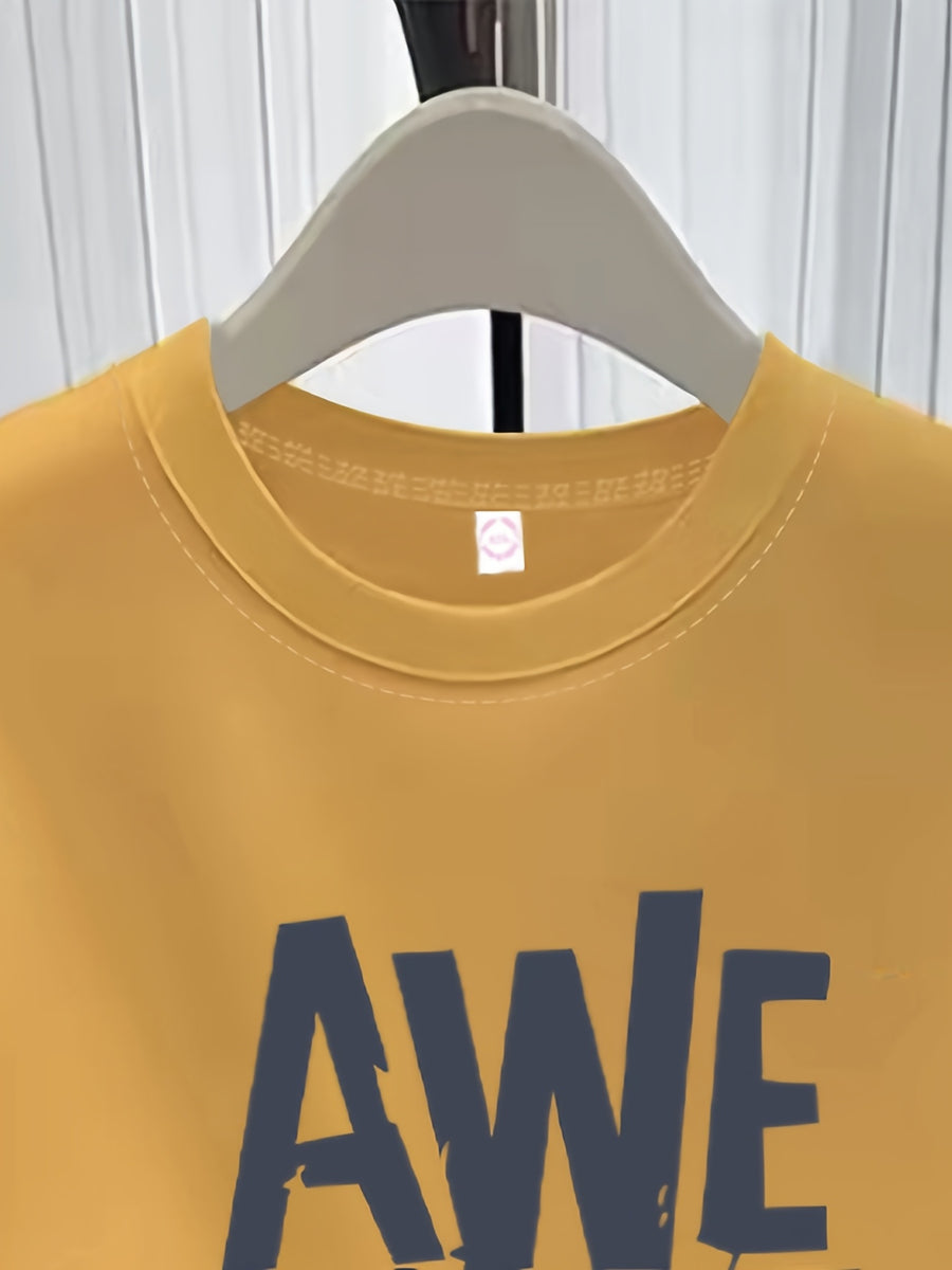 Spring/Summer Simple Round Neck Fashionable Loose-Fit Versatile Casual Short-Sleeve T-Shirt for Women, Printed Tee - Yellow