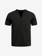 Men'S Minimalist Summer Casual Shirt, Linen Texture Short Sleeve Stand Collar V-Neck Pullover, Soft And Breathable, Loose Fit, Suitable for Business Casual, Vacation, Weekend Gatherings, And More - 1pc Black