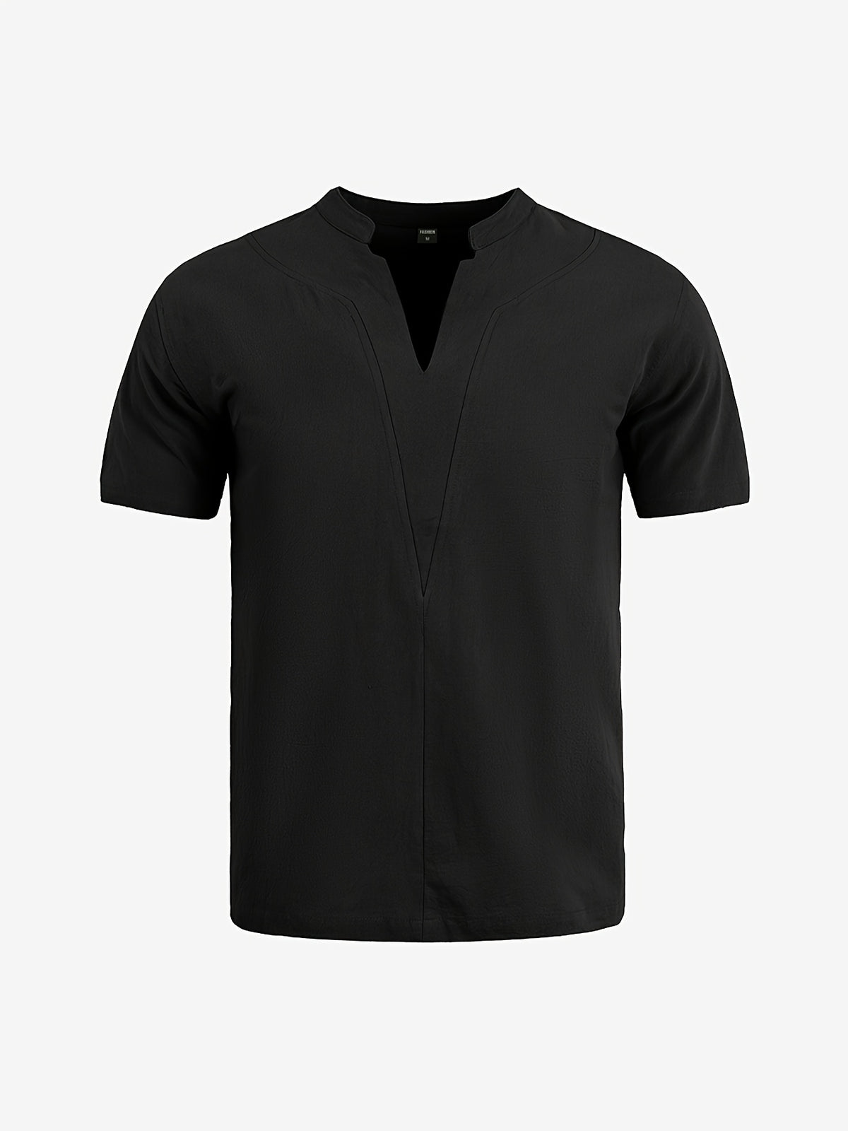 Men'S Minimalist Summer Casual Shirt, Linen Texture Short Sleeve Stand Collar V-Neck Pullover, Soft And Breathable, Loose Fit, Suitable for Business Casual, Vacation, Weekend Gatherings, And More - 1pc Black