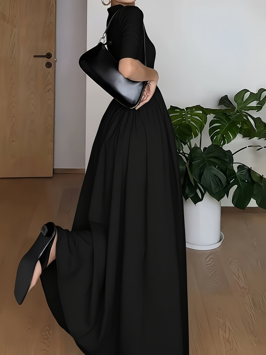 Elegant French Style Maxi Dress with Smock Waist & Ruffle Hem - -Length Party Wedding Guest Gown, Machine Washable Spring Summer Fall Formal Evening Dress - Black