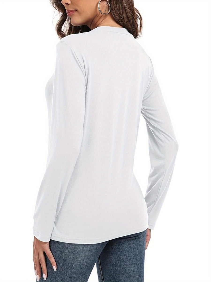 3pcs Long Sleeve Solid Color Women'S T-Shirts, Casual Holiday Outing Versatile Fall Winter Top Round Neck - 2 white + 1 pink