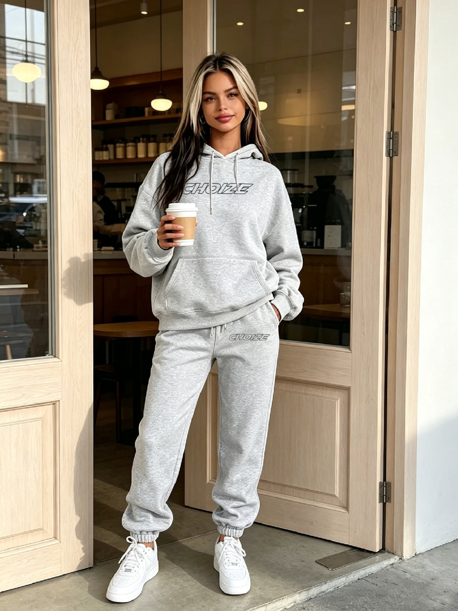 Winter Hooded Sweatshirt 2pcs Set Glitch_Style_Girl_Outline - Light Grey