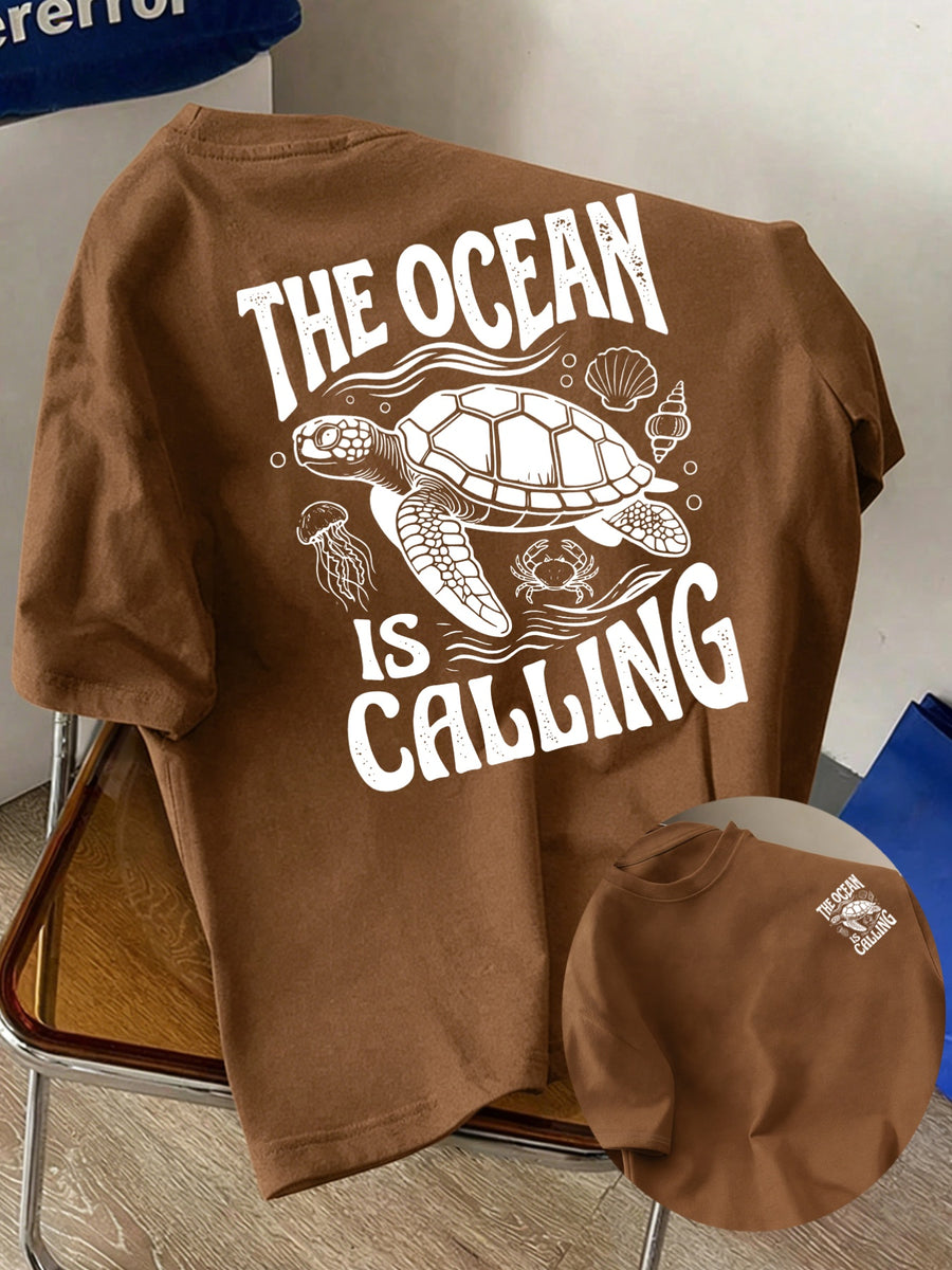Men's New Style Pure Cotton Short Sleeve Crew Neck T-Shirt with "Ocean Call" Print, Suitable for Vacation, Leisure, Comfortable, Soft, Breathable, Summer Essential - Coffee Brown