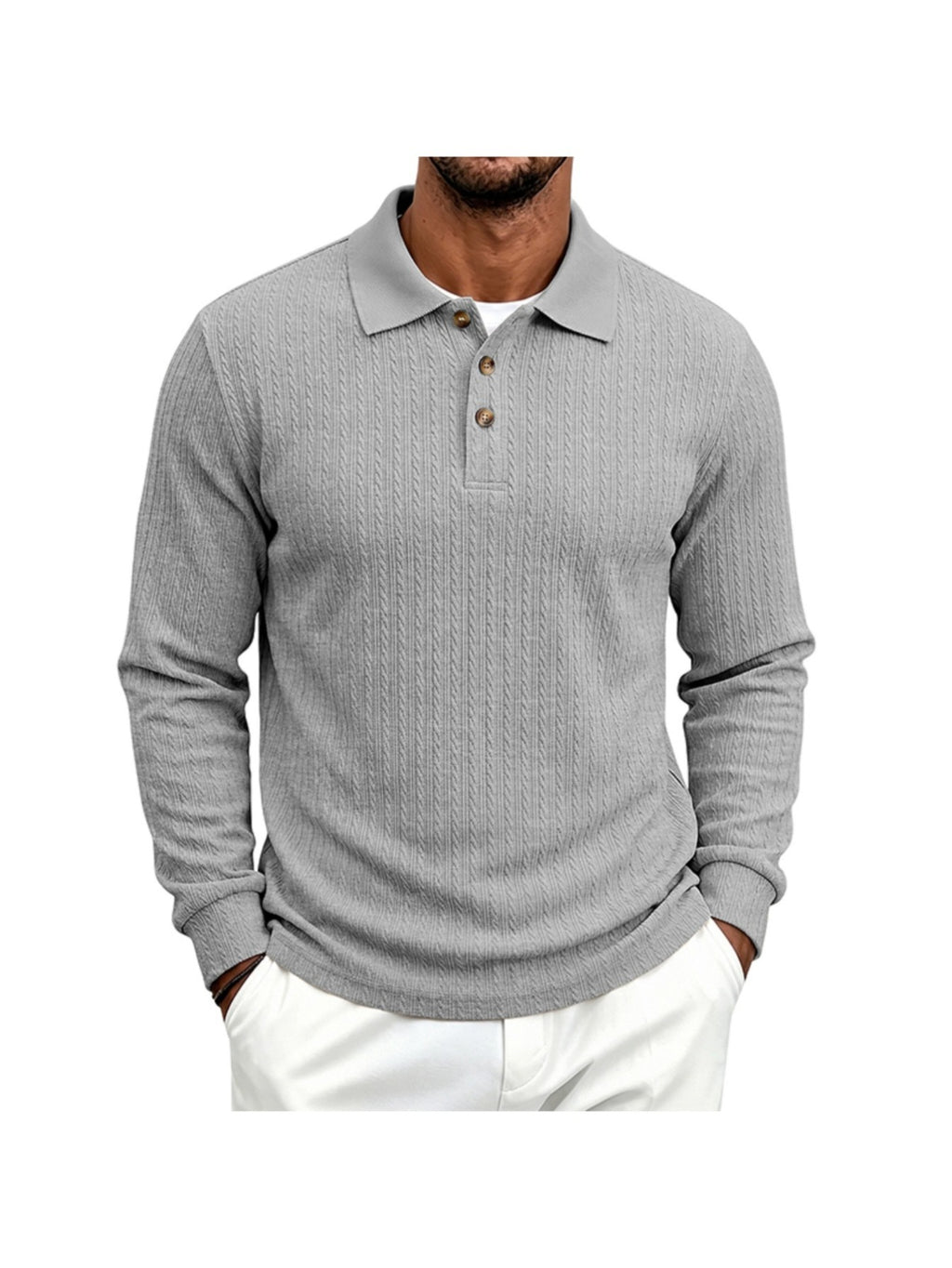 Men's Cable Twist Knit Long Sleeve Polo Shirt, Classic Collar 3 Buttons Solid Pullover, Casual Business Slim Fit Textured Top for Autumn Winter - Light Grey