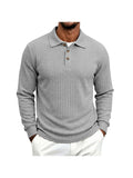 Men's Cable Twist Knit Long Sleeve Polo Shirt, Classic Collar 3 Buttons Solid Pullover, Casual Business Slim Fit Textured Top for Autumn Winter - Light Grey