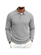 Men's Cable Twist Knit Long Sleeve Polo Shirt, Classic Collar 3 Buttons Solid Pullover, Casual Business Slim Fit Textured Top for Autumn Winter - Light Grey