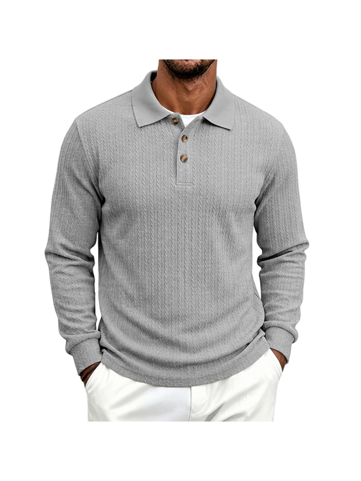Men's Cable Twist Knit Long Sleeve Polo Shirt, Classic Collar 3 Buttons Solid Pullover, Casual Business Slim Fit Textured Top for Autumn Winter - Light Grey
