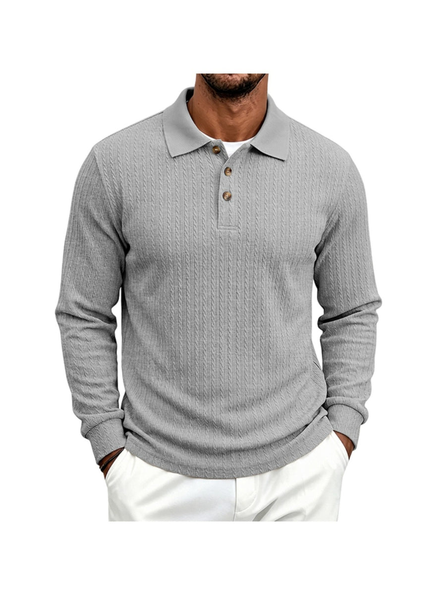 Men's Cable Twist Knit Long Sleeve Polo Shirt, Classic Collar 3 Buttons Solid Pullover, Casual Business Slim Fit Textured Top for Autumn Winter - Light Grey
