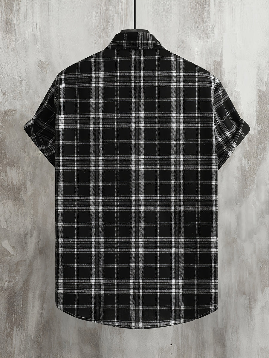 Men'S Casual Preppy Style Plaid Print Basic Color Short Sleeve Collared Shirt, Spring Summer Loose Fit Short Sleeve Checkered Pattern, Button-Front Closure, Classic Collar, Suitable for Casual And Semi-Formal Wear - Black And White Color