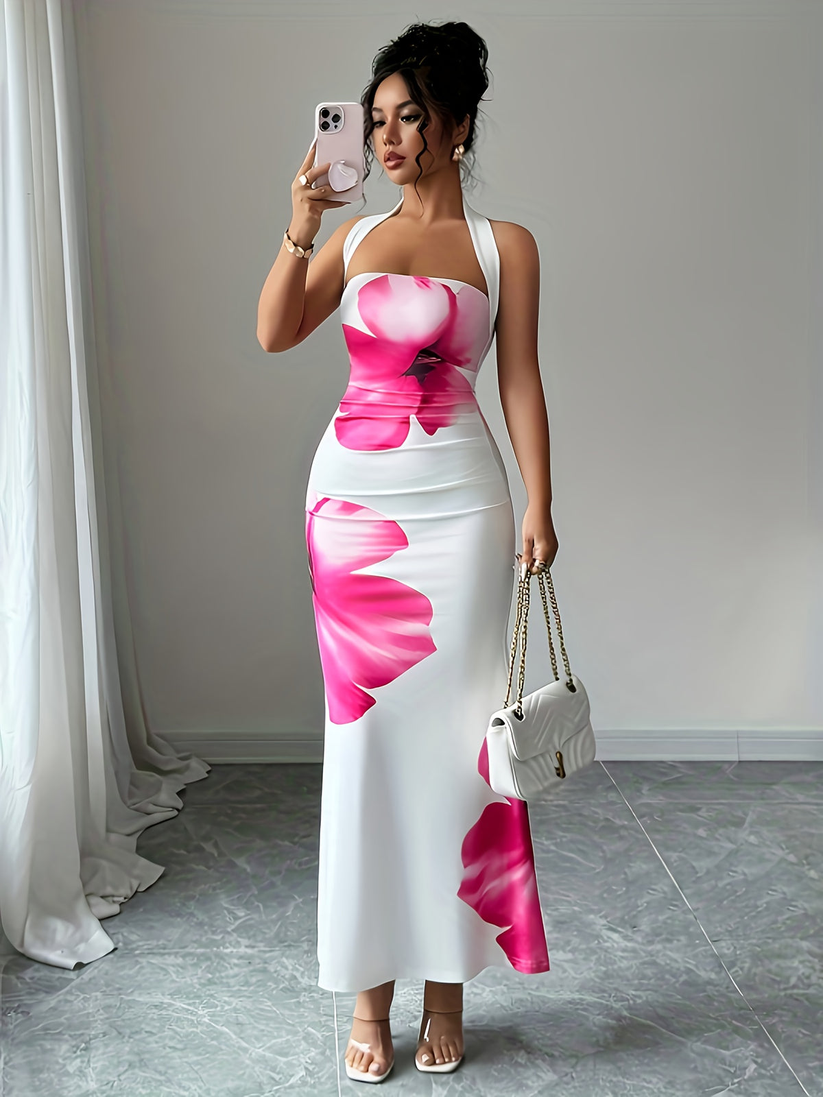 Summerhalter Neck Tie Waist Cincher Mid-Length Floral Print Dress Single Piece Dress - Multicolor