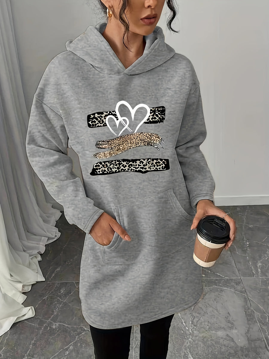 Autumn and Winter Fleece Hoodie Dress with Fashion Trend Print Kangaroo Pocket, Women's Casual Dress, Women's Casual Hoodie - Grey