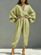 Women's Elegant and Fashionable V-Neck Loose Solid Color Jumpsuit, Women's Summer Clothing, New Summer Women's Apparel, High-Quality Women's Wear, Elegant Women's Clothing, Casual Women's Wear, Women's Loose Pants, Women's Jumpsuit, Women's Romper - Matcha Color