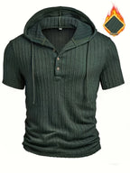 Men's Fashion Top, Spring/Summer Casual Outdoor Textured Jacquard Fabric, Solid Color Hooded Drawstring Single-Breasted Short Sleeve Henley Shirt - Dark Green