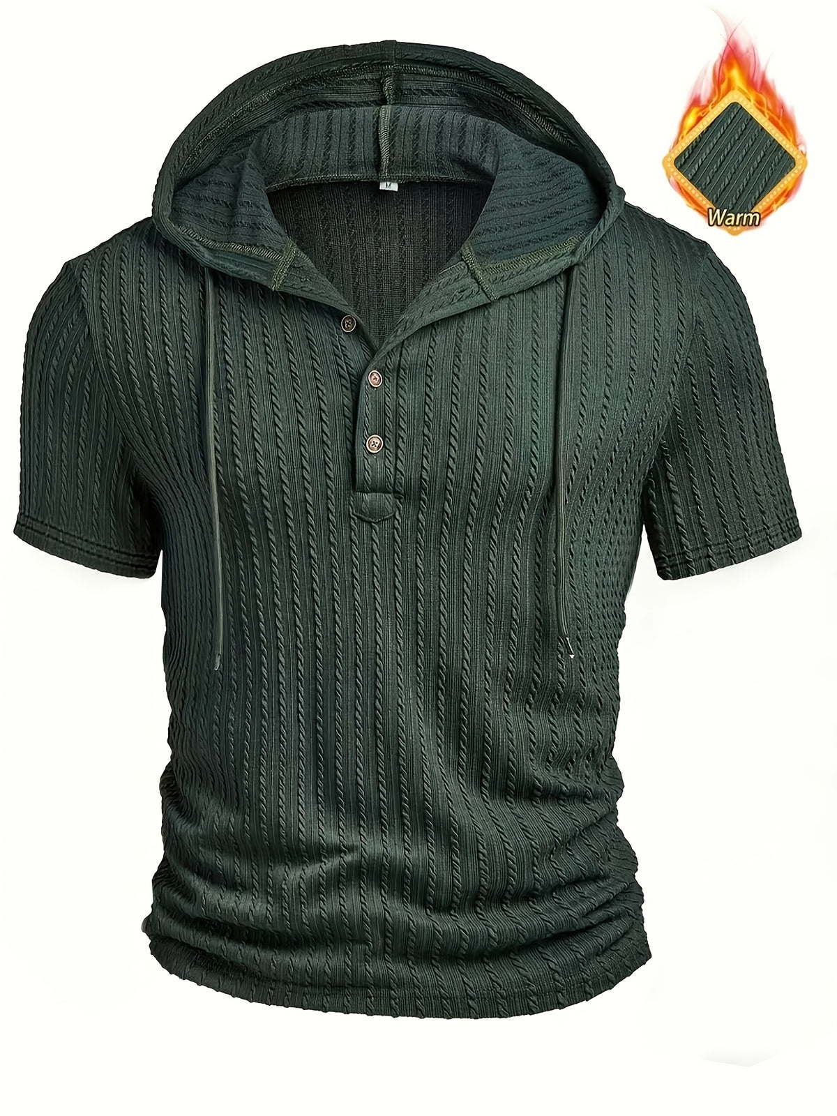 Men's Fashion Top, Spring/Summer Casual Outdoor Textured Jacquard Fabric, Solid Color Hooded Drawstring Single-Breasted Short Sleeve Henley Shirt - Dark Green