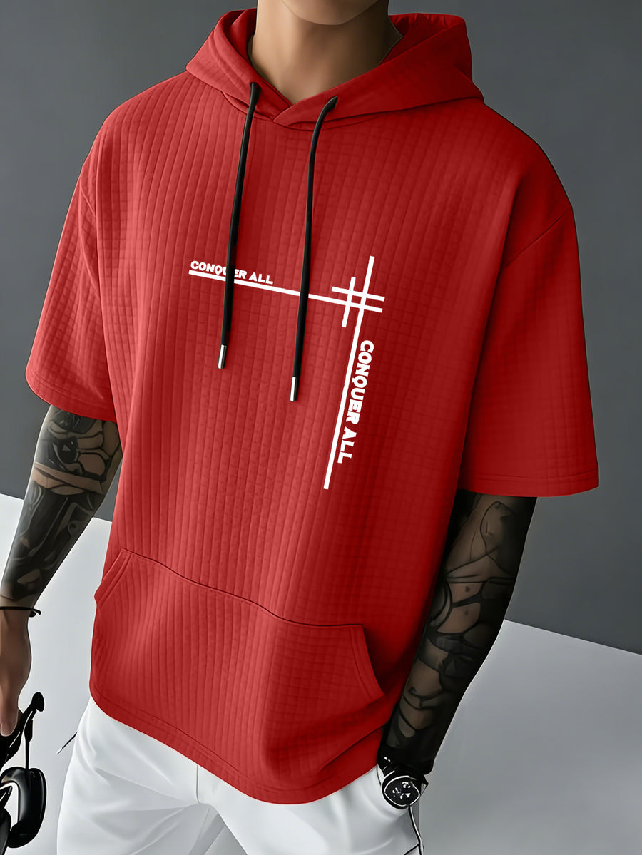 CONQUER ALL Men's Waffle Knit Short-Sleeve Hooded Sweatshirt with Comfortable Print and Drawstring, Short-Sleeve T-Shirt with Pocket, Summer Casual Fashion Men's Apparel, Suitable for Outings and Home Wear, Suitable for Daily and Formal Wear - Red