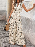 Women'S Ruched Waist, Wide Leg Style, Sleeveless Printed Jumpsuit, Casual Vacation Wear, Back Waist Shirred Elastic Waist, V-Neck Long Length Women'S Jumpsuit - Mixed colors