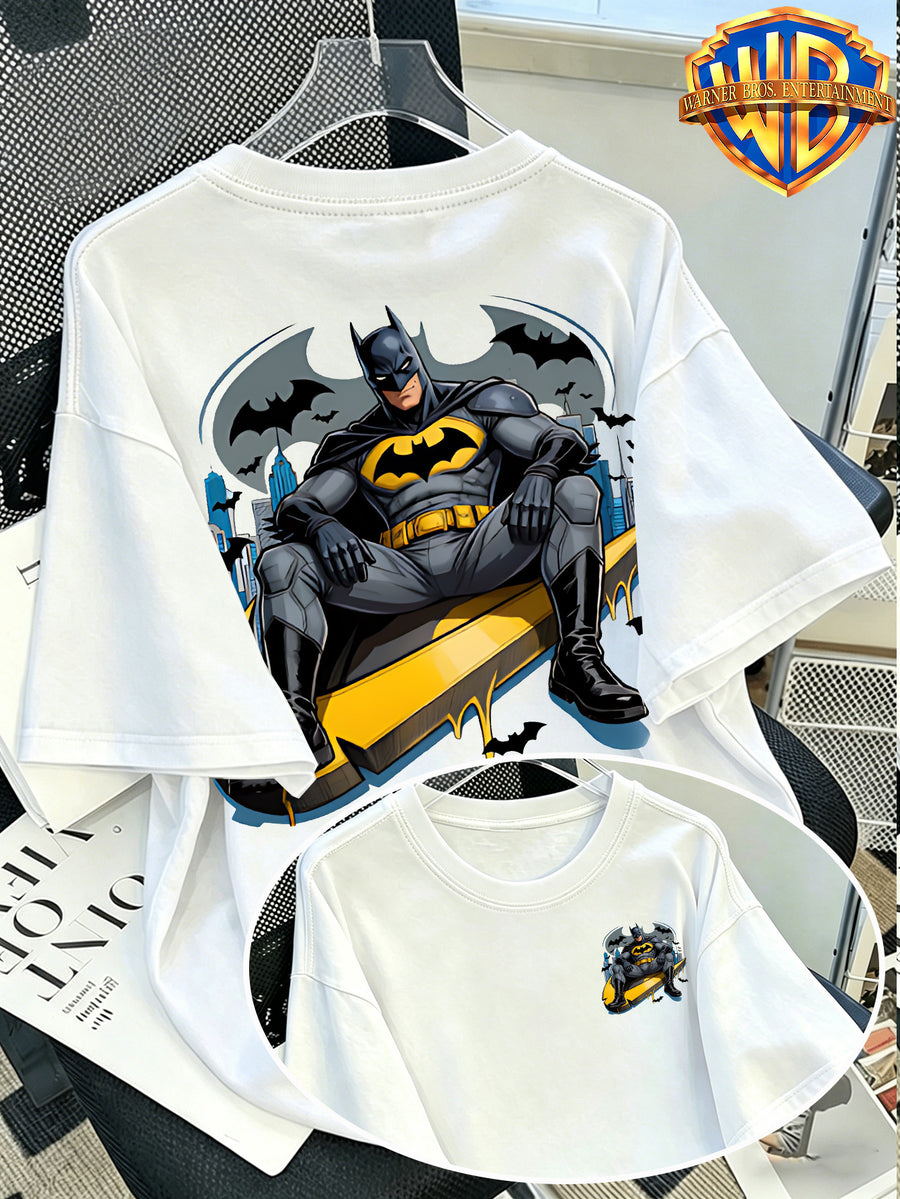 Warner Bros. Official Batman Gotham Bat City Background Printed T-Shirt, Men'S 100% Pure Casual And Comfortable Multi-Functional Loose Summer Short Sleeve T-Shirt, Suitable for Outdoor And Daily Wear - White