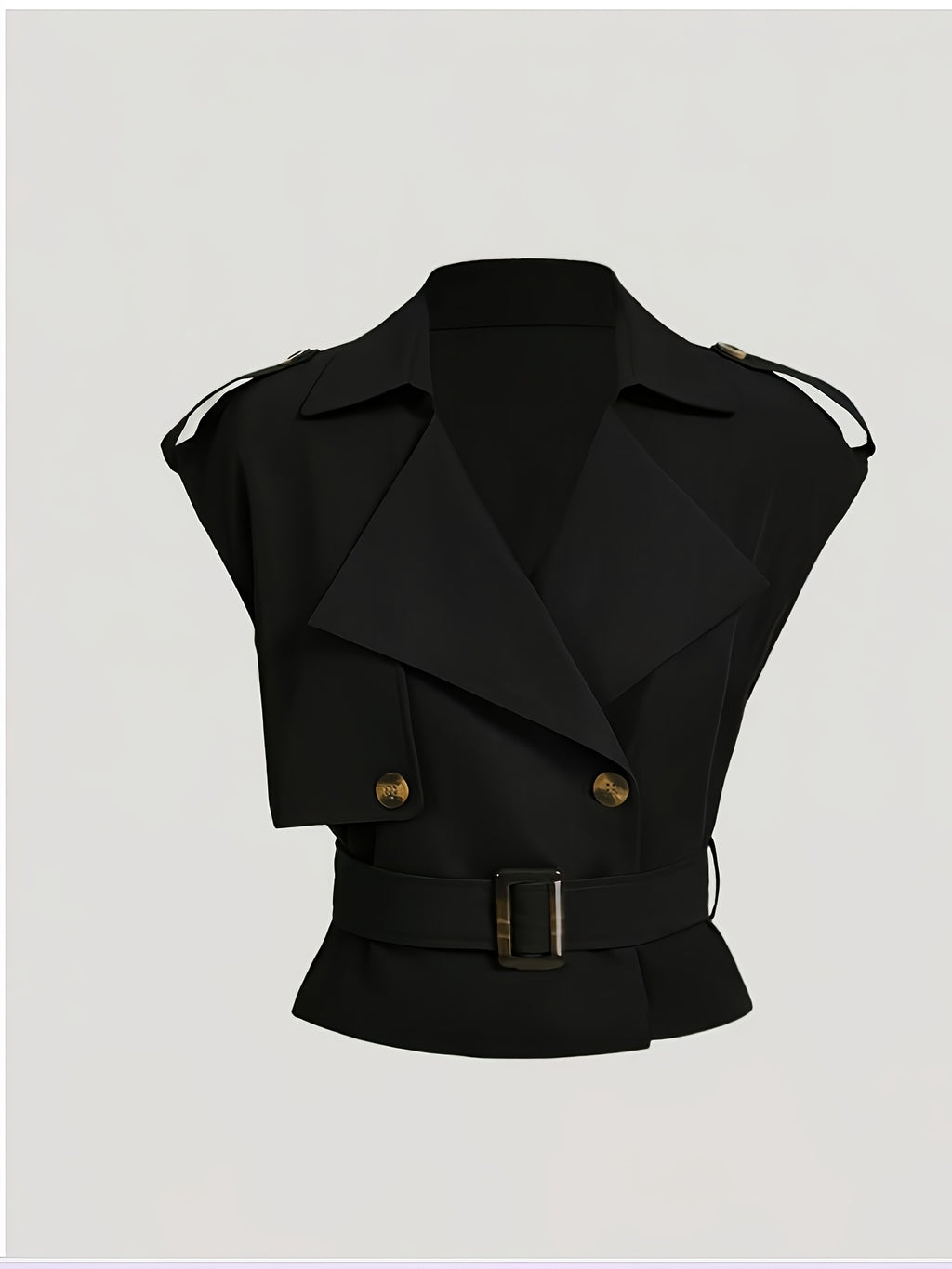 Black Lapel-tie Short Trench Coat, Vintage Jacket, Holiday Wear - Black