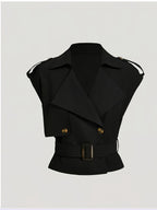 Black Lapel-tie Short Trench Coat, Vintage Jacket, Holiday Wear - Black