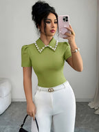 Women'S Fashion Spring/Summer Style Date Socialite Style Neckline Faux Pearl Embellished T-Shirt Slim Fit Puff Sleeve Lapel Short Sleeve Elegant And Short Top - Green