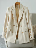 M8338-1 Solid Color Notched Lapel Double-Breasted Suit Jacket - Apricot