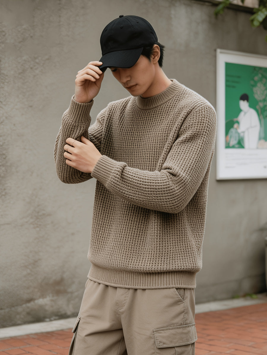 Autumn Winter Men'S Waffle Knit Round Neck Pullover Sweater, Faux Two-Piece Color Blocked Trim Long Sleeve Knit Top, Loose Drop Shoulder Warm Sweater, Suitable for Daily Commute Casual Wear - Apricot