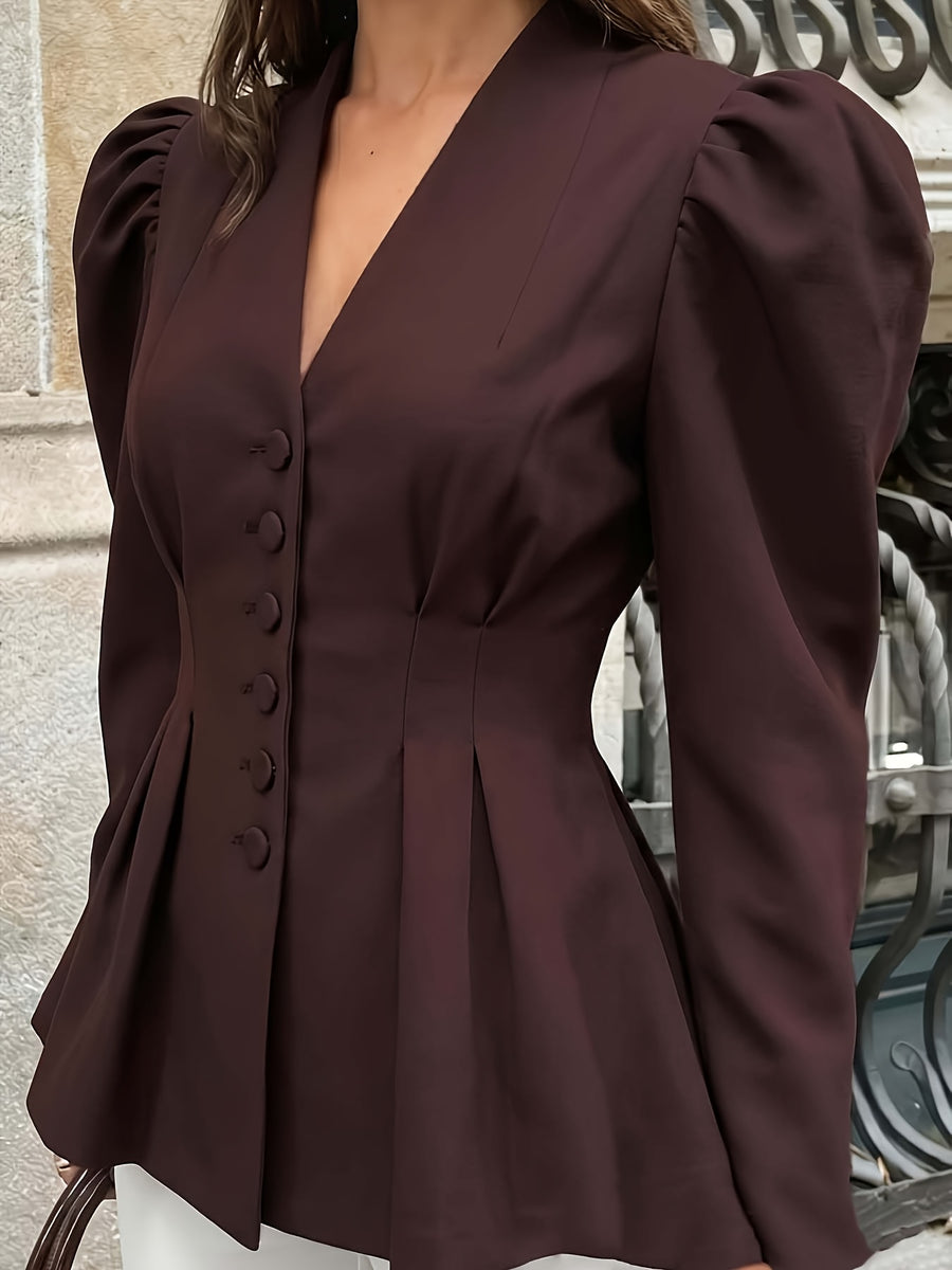 Elegant Women's Puff Sleeve V-Neck Waist-Cinching Blazer, Single-Breasted Professional Commuter Top, Stylish Daily Casual Office Wear - Reddish Brown