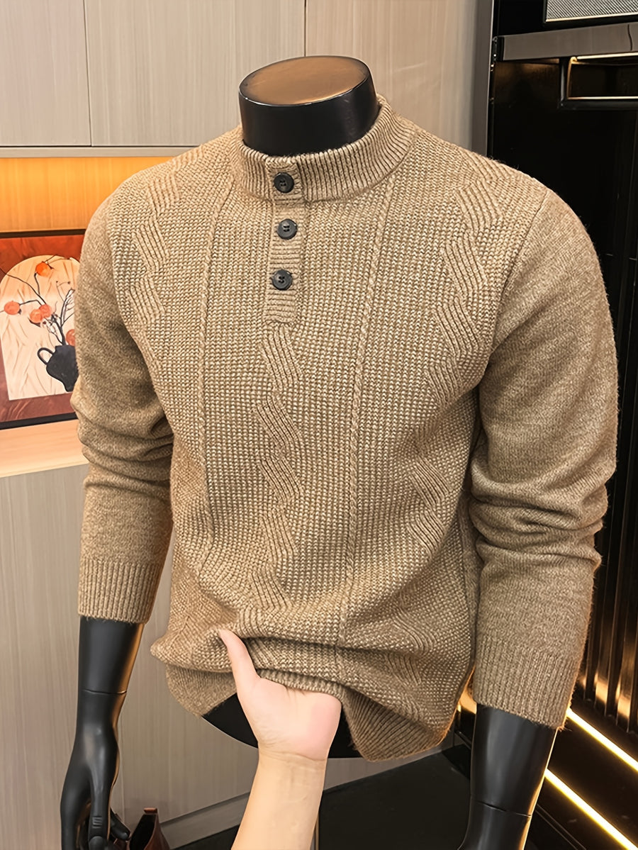 Spring And Autumn Men'S Half-Button Henley Collar Knit Sweater 3D Jacquard Texture Warm Easy And Atmospheric Middle-Aged Men'S Commuter Pullover - Flower Yellow