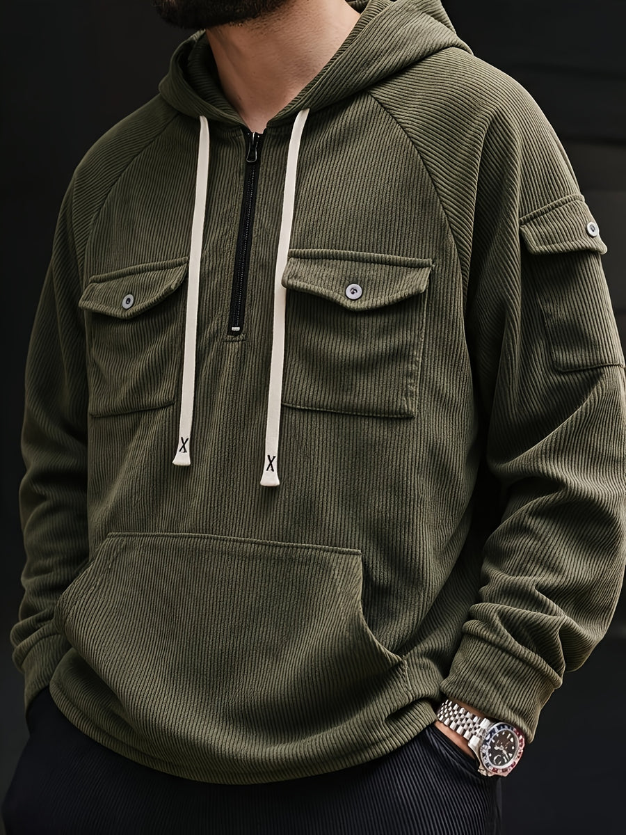 Christmas ! 1pc Men'S Corduroy Hooded Sweatshirt, Multi-Pocket Design, Retro Casual Style, Loose Fit, Ideal for Autumn/Winter Daily Outdoor Activities - fern green