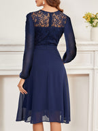 Women's Wedding Bridesmaid Dress, Chiffon Sequin Lace Long Sleeve Midi Cocktail Dress - Navy blue color