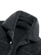Men's Lapel Fleece-Lined Denim Jacket, Thickened for Locking in Heat, Windproof, Warm, and Cold-Resistant. Washed Denim Fabric with Composite Lining, Contrast Color Topstitching, Workwear Straight-Leg Fit. Autumn/Winter Streetwear Commuting Vintage - Deep Grey