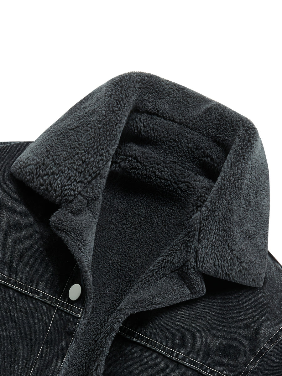 Men's Lapel Fleece-Lined Denim Jacket, Thickened for Locking in Heat, Windproof, Warm, and Cold-Resistant. Washed Denim Fabric with Composite Lining, Contrast Color Topstitching, Workwear Straight-Leg Fit. Autumn/Winter Streetwear Commuting Vintage - Deep Grey