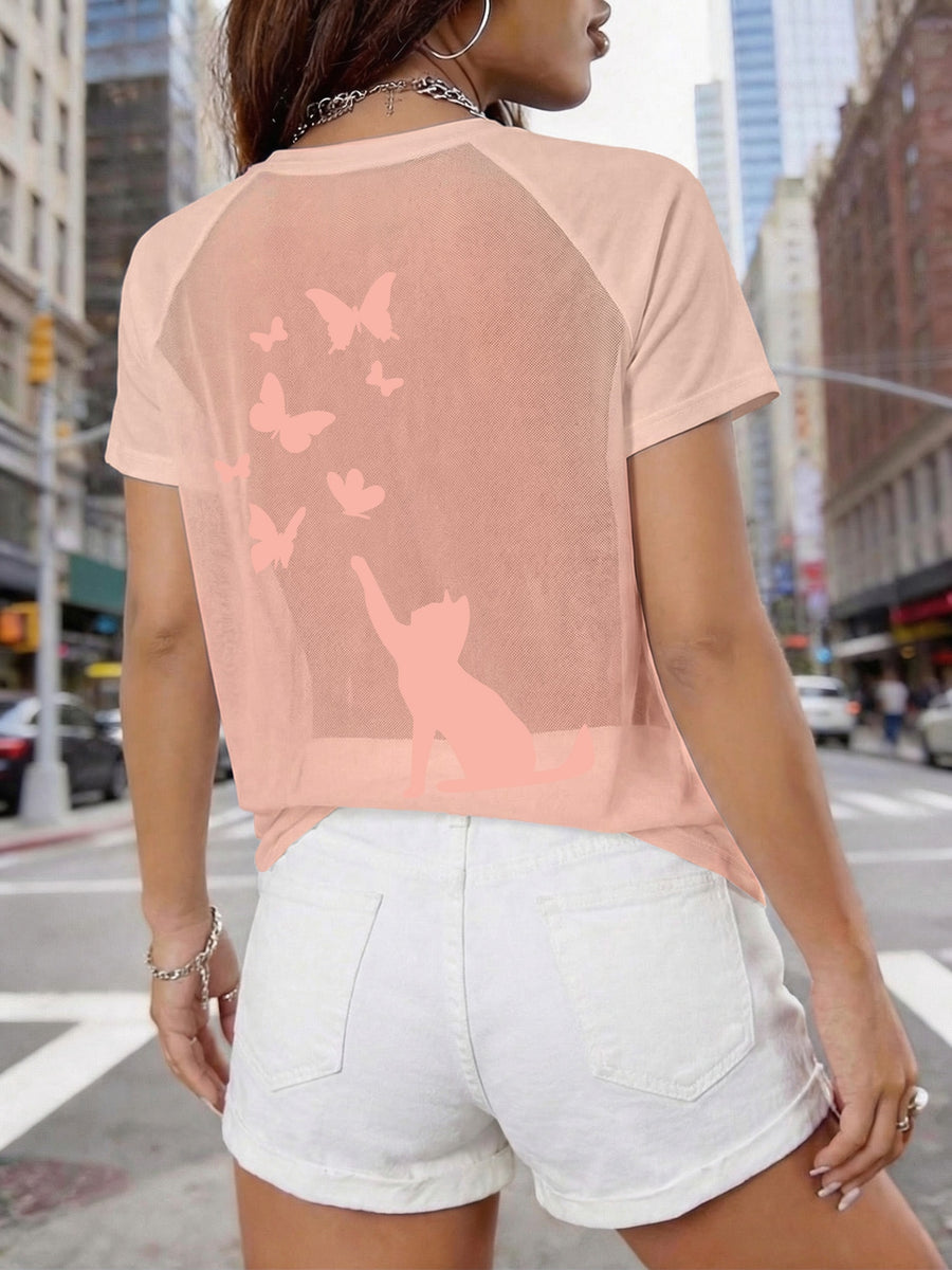 Women's Sexy Backless Careful Machine, Printed with Cat Butterfly Plush Print Pattern, Semi Transparent Round Neck T-shirt, Breathable Mesh Fabric, Suitable for All Seasons, Suitable for Casual and Formal Wear - Pink