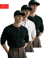 3pcs Men's Waffle Knit Henley Long Sleeve Shirts, Casual Button- Crew Neck Pullovers, Essential Everyday Outfit Set - Black+white+black