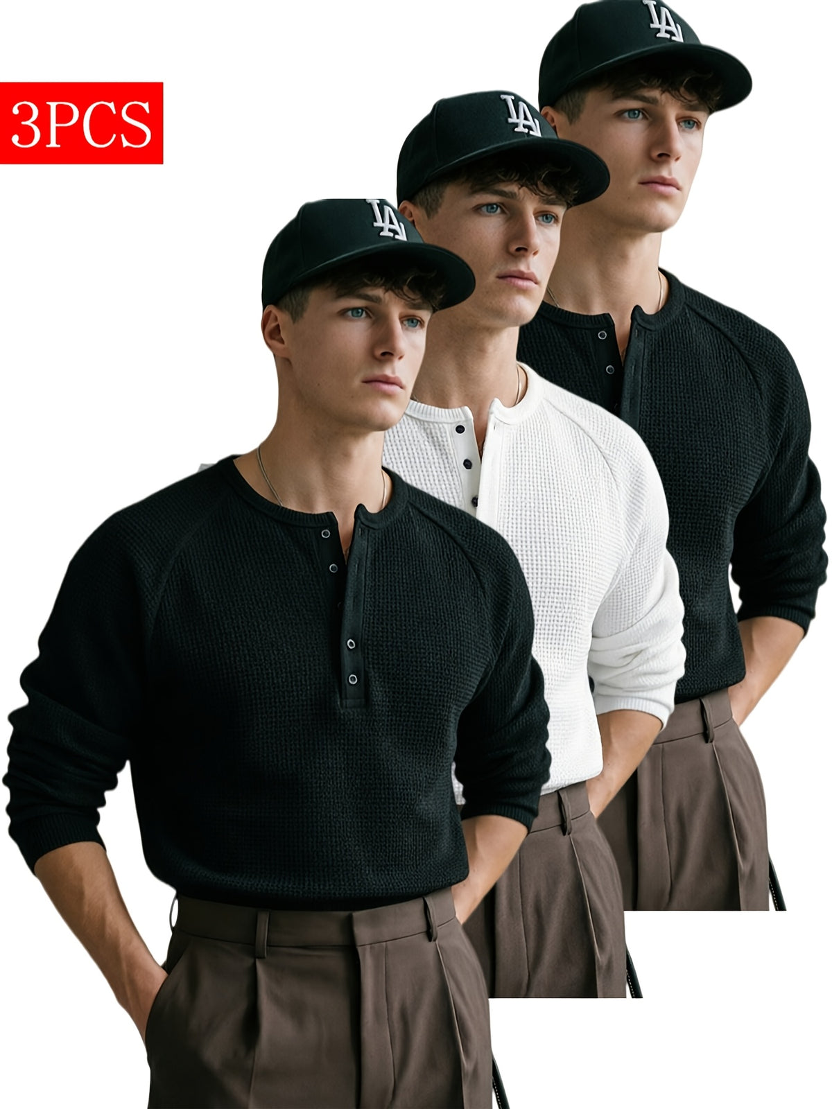 3pcs Men's Waffle Knit Henley Long Sleeve Shirts, Casual Button- Crew Neck Pullovers, Essential Everyday Outfit Set - Black+white+black