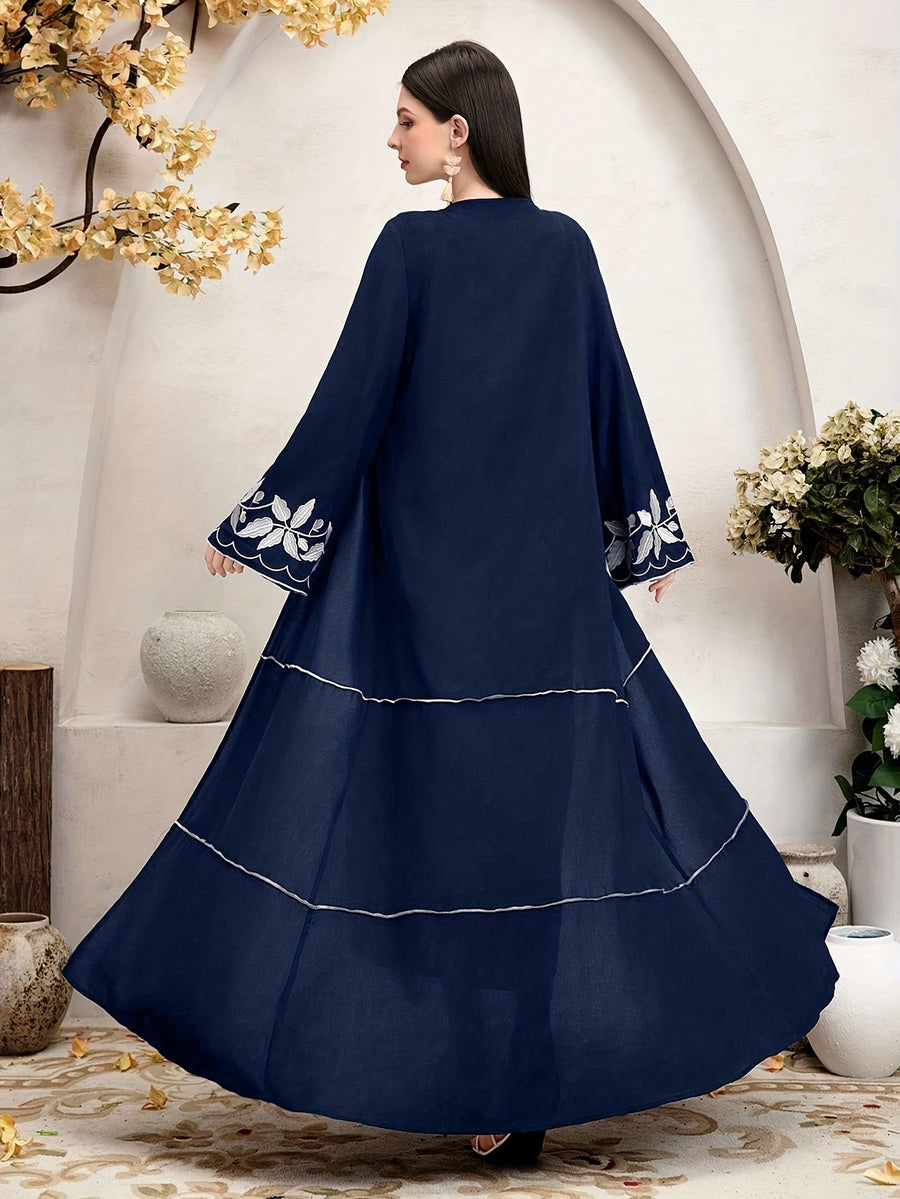 Women'S Elegant Floral Embroidered Long Sleeve Robe, Dignified And Generous - Navy Color