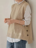 Round Neck Short Front And Long Back Button Sweater - Apricot