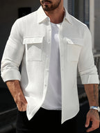 Men's Casual Long-sleeve Shirt, Double-pocket Waffle- Button- Casual Long-sleeve Shirt - White