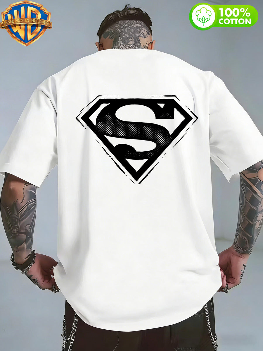 1pc WB Warner Bros. Official DC Superman Icon T-Shirt - Men's & Unisex Vintage Print, 100% Cotton Loose Fit Short Sleeve Tee with Superman, Casual Round Neck Shirt Suitable for Gym, Office, Daily Wear - Father's Day Gift for - White