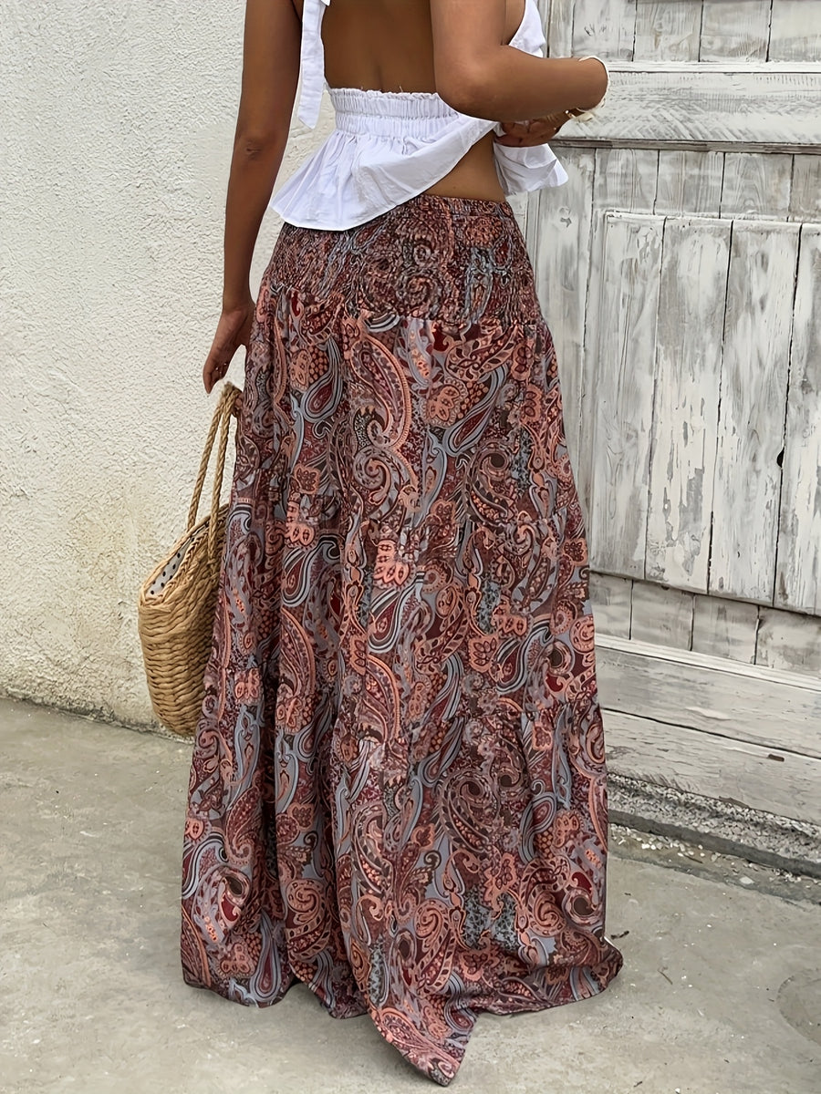 Women's Bohemian Summer Dress - Gypsy Print Maxi Skirt - High Waist, Flared A-Line with Geometric Pattern, Slim Fit Long Flowy Hem for Elegant Casual Beach and Outdoor Outfits - Reddish Brown
