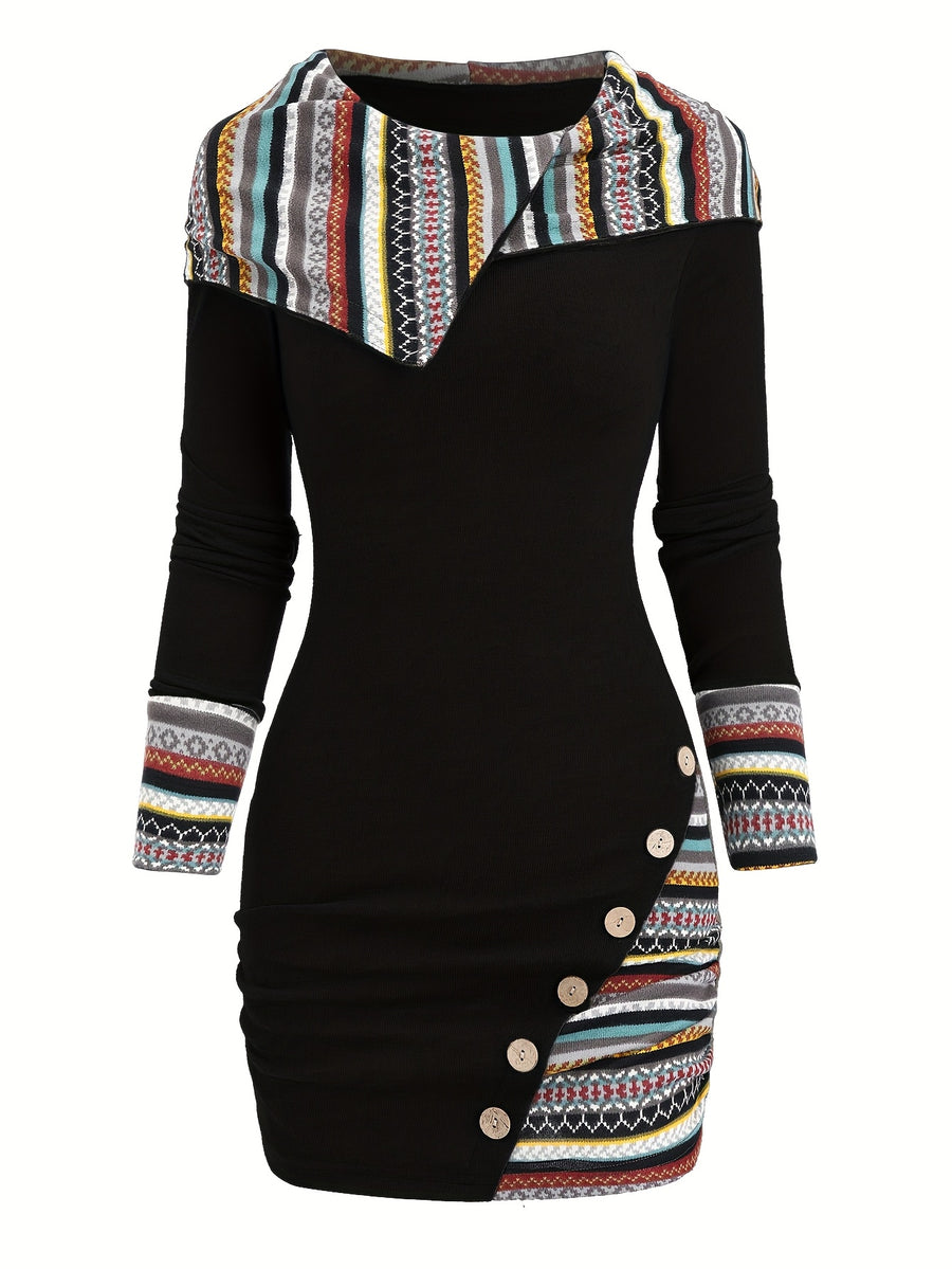 European And American Fashion Women'S Ethnic Style Geometric Striped Patchwork Hooded Long-Sleeve Fitted Dress - Black