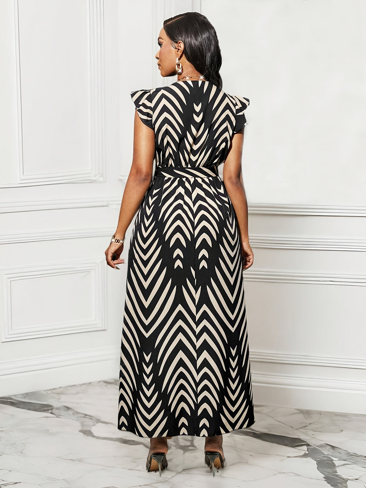 Women'S Striped Dress with Lotus Leaf Sleeves - Mixed colors