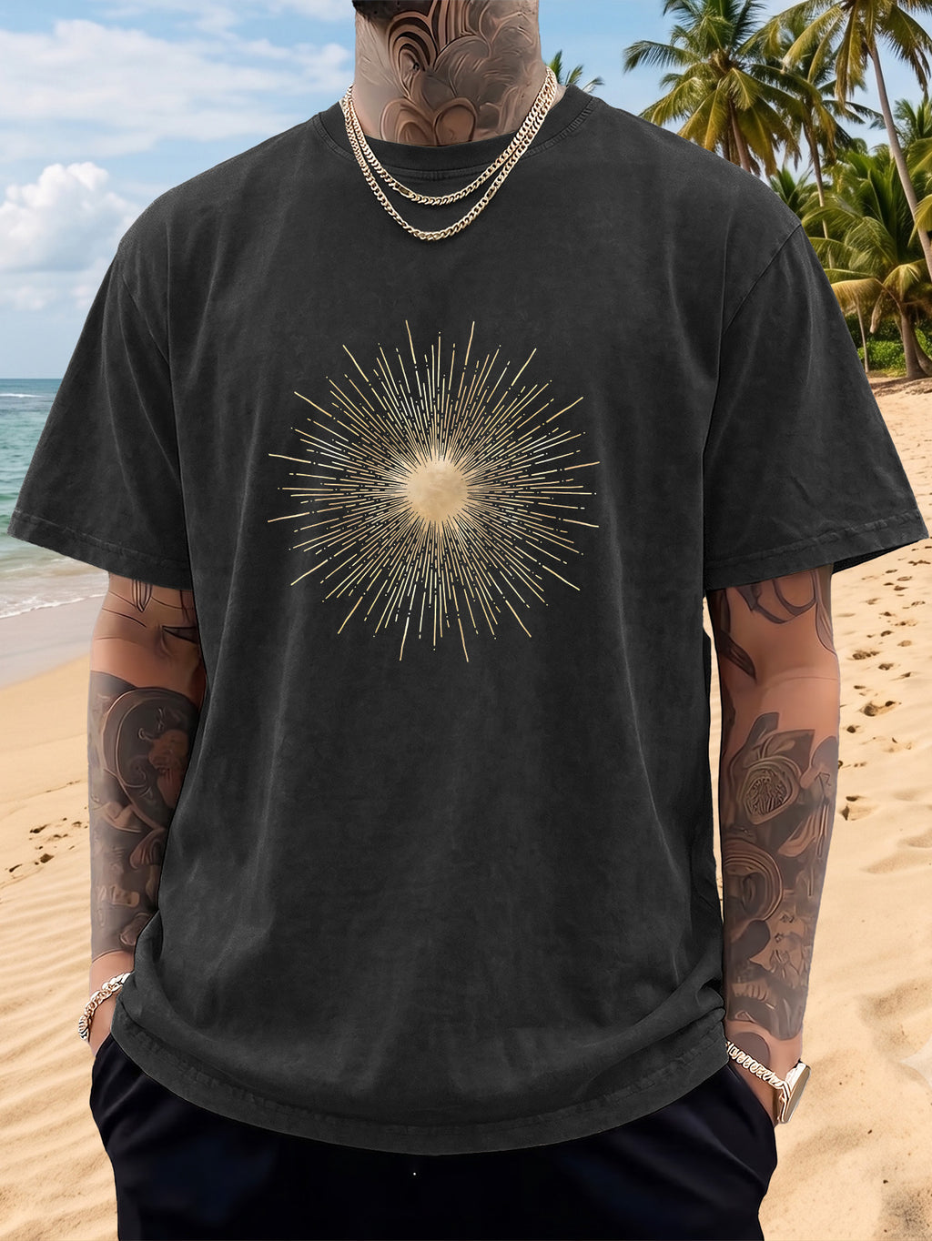 Men's Short-Sleeve T-Shirt, Pure Cotton, Loose Fit, Washed and Distressed, Sunburst Starlight Pattern, Trendy Reverse Double-Sided Print, Multiple Colors for Mix and Match, American Streetwear Hip-Hop High Street Top, for Daily Outings - Black