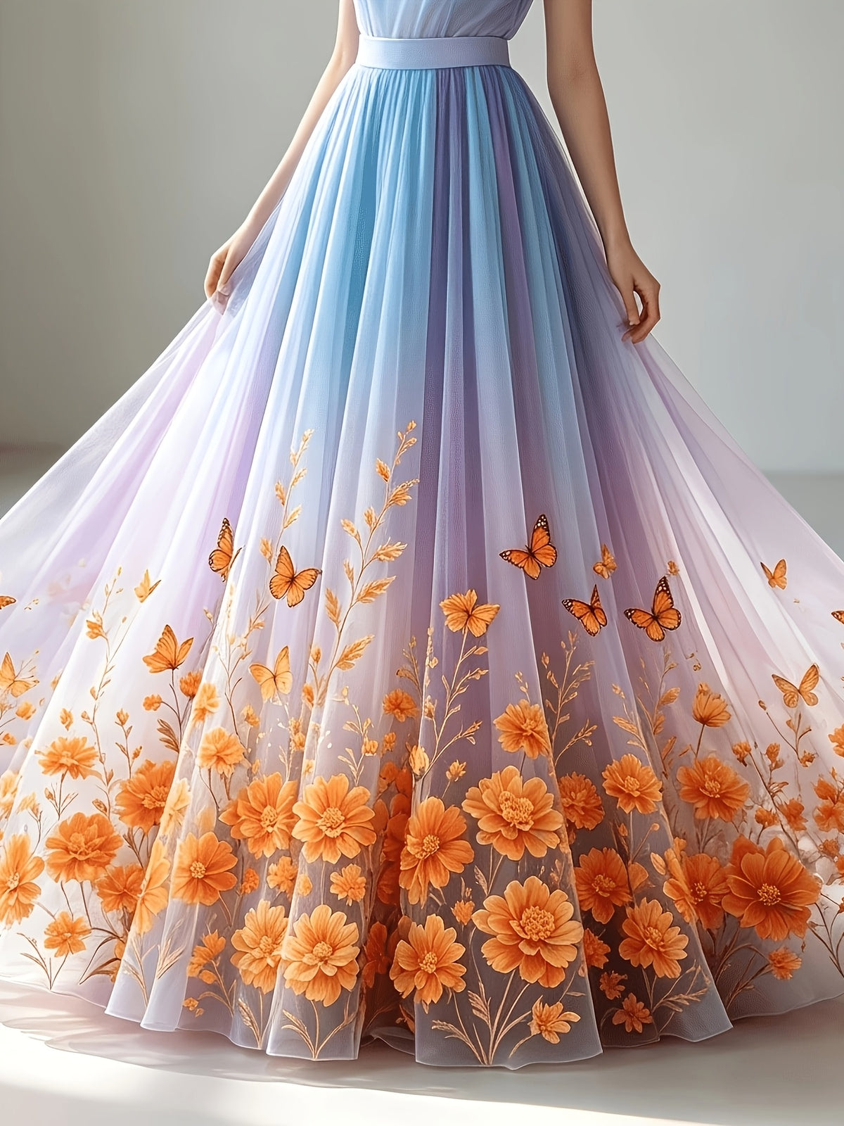 Mesh Printed Skirt Suitable for Formal And Semi-Formal Banquets, Weddings, Guests, Parties, Dresses, Wearable in All Seasons - Blue