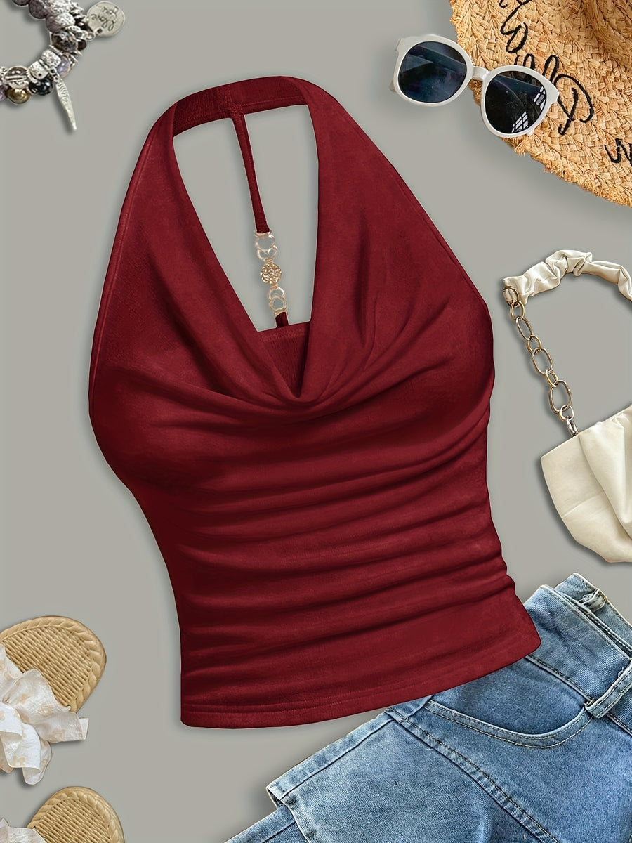 Women's Elegant and Fashionable Halter Neck Camisole with Draped Collar, a Slim-fit, Figure-flattering, and Sexy Solid-color Sleeveless Top - Burgundy