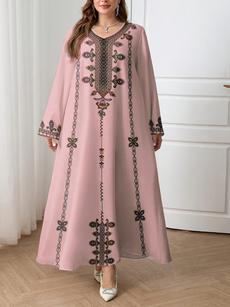Newly Arrived Elegant Robe for The Middle Eastern Style in 2026, Featuring Ethnic Prints And a Long Skirt Suitable for Ramadan, Eid Al-Fitr, And Eid Al-Adha. This Loose And Comfortable Long-Sleeve Dress Is Perfect for Commuting And Vacationing - Pink Color