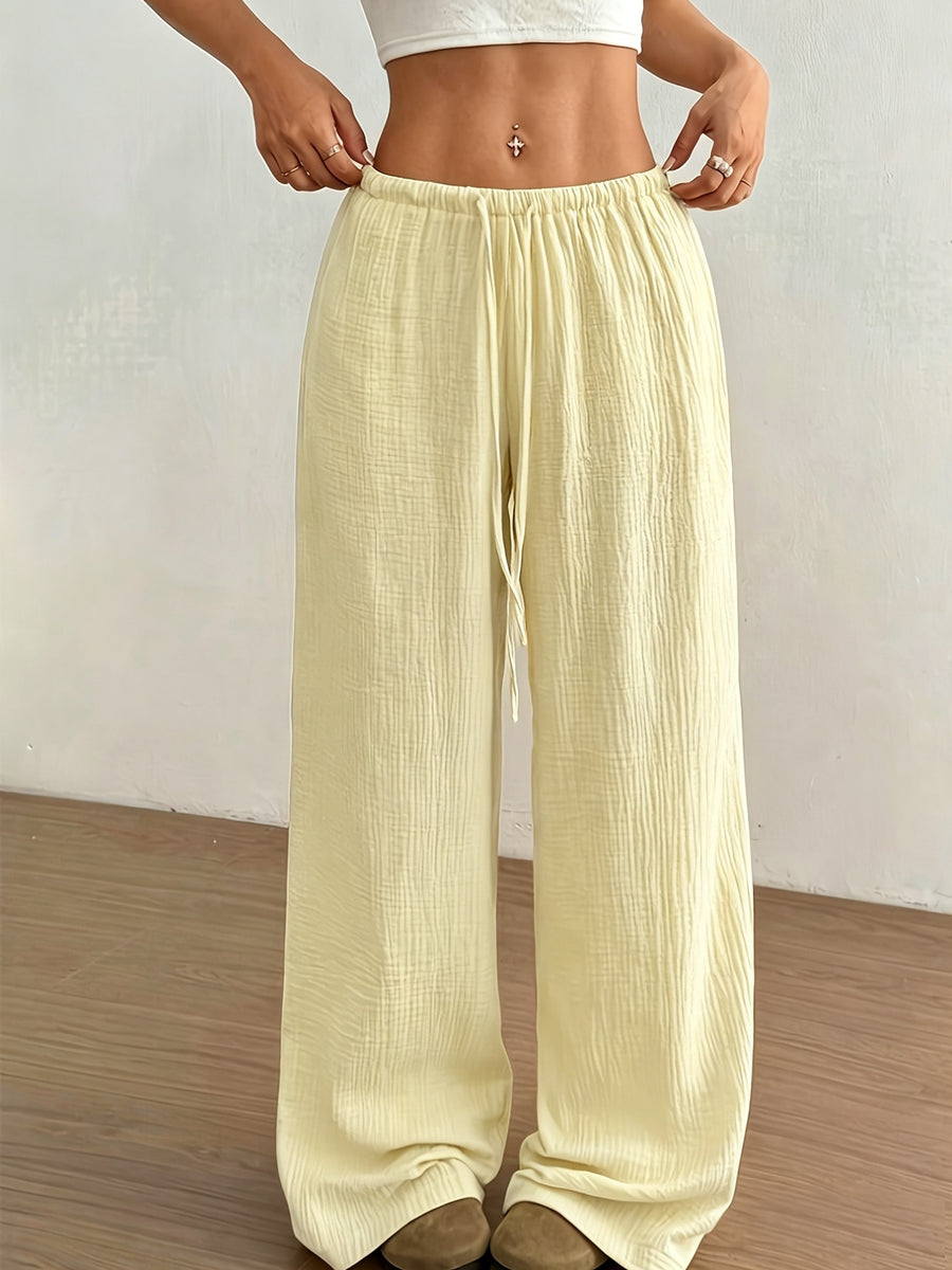 Women's Solid Color Wide-Leg Trousers - Elastic Waist Straight-Leg Pants with Adjustable Drawstring, Lightweight Loose Wide Pants Suitable for Spring Summer Fall, Casual Office Wear, Machine Washable Wide Leg Pants for Blouses - 【Light Yellow】