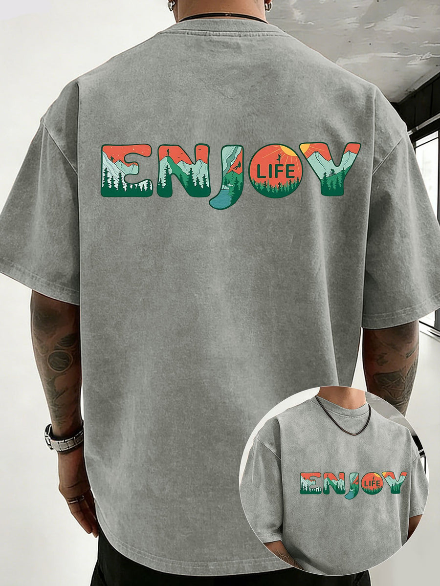 Loose Short Sleeve T-Shirt Men'S Heavyweight Pure Washed Distressed Top Trendy Double-Sided Print 12 Colors Free to Match Street Hip-Hop Style Casual Outing Sports Fitness Commuting Couple Style American Street Short Sleeve - Grey